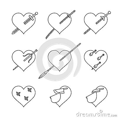 Heart and weapons icons set stab and cut concept black and white Vector Illustration