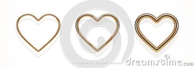 Set of realistic 3d golden metal hearts with different thicknesses. Decoration elements for Valentines day or wedding design. Vector Illustration