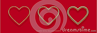 Set of realistic 3d golden metal hearts with different thicknesses. Decoration elements for Valentines day or wedding design. Vector Illustration