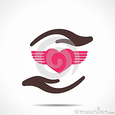 Heart wing icon under hand Vector Illustration