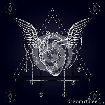 Heart with wings, boho blackwork, dotwork tattoo. Vector Illustration