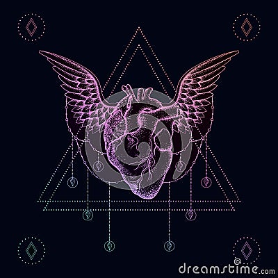 Heart with wings, boho color dotwork tattoo. Bohemian vector ill Vector Illustration