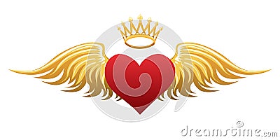 Heart with Wings and Crown Emblem Isolated on White Cartoon Illustration