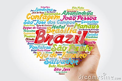 Heart word cloud with List of cities in Brazil, concept background with marker Stock Photo