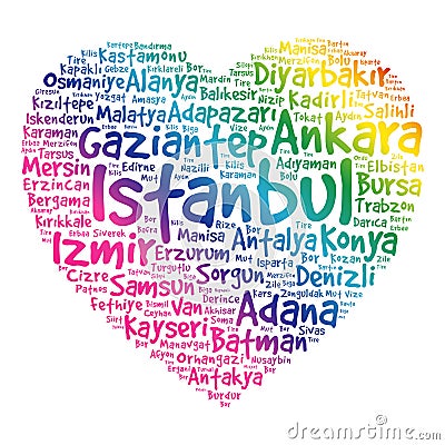 Heart word cloud with List of cities in Turkey Stock Photo