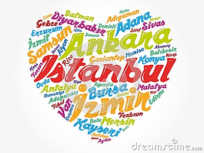 Heart word cloud with List of cities in Turkey Stock Photo