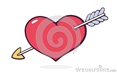 Heart wounded by an arrow. Valentines Day and love symbol. Vector illustration. Hand drawn cartoon clip art with outline Vector Illustration