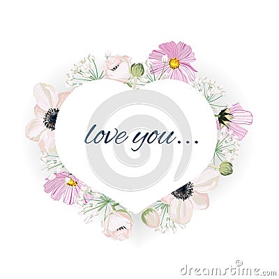 Heart woven of branch. Frame of anemones, branches, leaves and pink flowers petals Vector Illustration