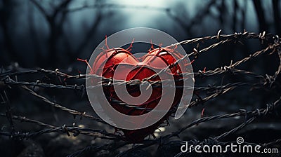 A heart wrapped in barbed wire, love symbolism, Valentine's Day. Stock Photo
