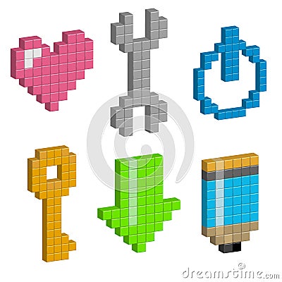 Heart, wrench, power button, load, pencil in pixel design. Cartoon Illustration