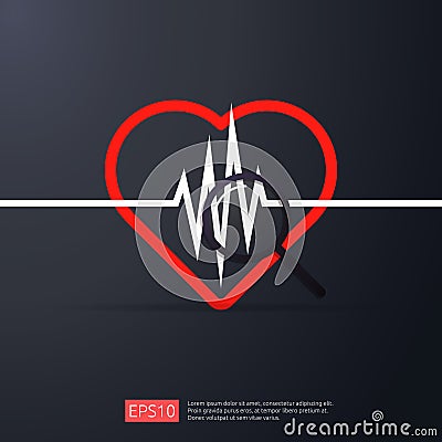 heart cardiology. heartbeat or beat pulse search icon. danger heart attack symbol. world heart day concept for banner or poster. V Vector Illustration