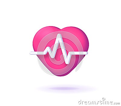 Heartbeat 3d icon vector render graphic, heart beat symbol cartoon red isolated on white background image clipart modern design, Vector Illustration