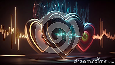 Heartbeat or Heart pulse visualization. 3D healthcare medical background. Cardiogram myocarditis analysis. Generative AI Stock Photo