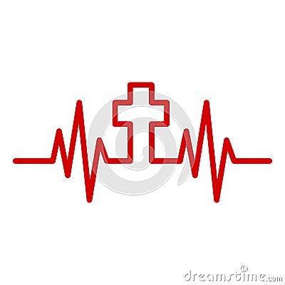 Heartbeat icon with Christian cross. Vector illustration. Cartoon Illustration