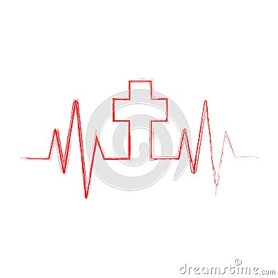 Heartbeat icon with Christian cross. Vector illustration. Cartoon Illustration