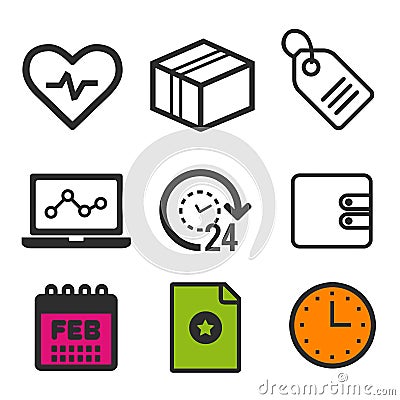 Heartbeat icon. Laptop statistics symbol. 24 hour open icon. Shopping label sign. Clock and Calendar icons. Eps10 Vector. Vector Illustration