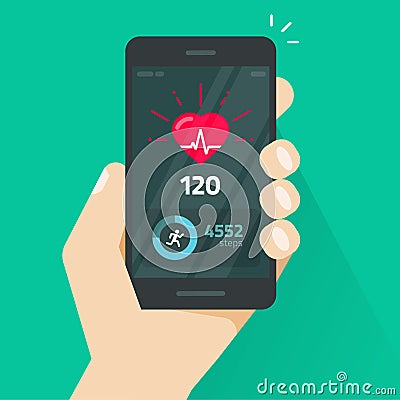 Heartbeat indicator on mobile phone screen, pulse meter with heart beat and running activity information, fitness health Vector Illustration