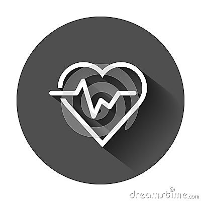 Heartbeat line with heart icon in flat style. Heartbeat illustration with long shadow. Heart rhythm concept. Vector Illustration