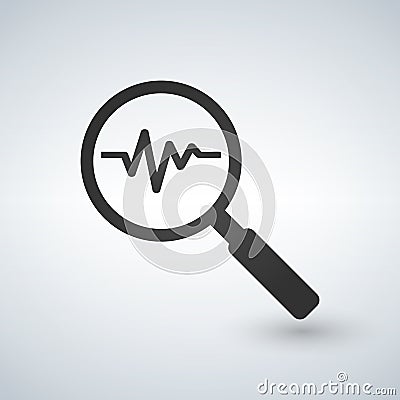 Heartbeat in magnifying glass icon. Cardiology symbol. Medical pressure sign. Vector. Stock Photo