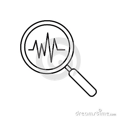 Heartbeat in magnifying glass icon. Cardiology symbol. Medical pressure sign. Vector line icon. Cartoon Illustration