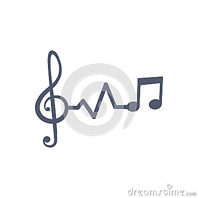 Heartbeat pulse line music with notes and clef, vctor illustration isolated on white background Cartoon Illustration