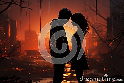 Heartbreak and hope intersect in the twilight silhouettes embrace Stock Photo