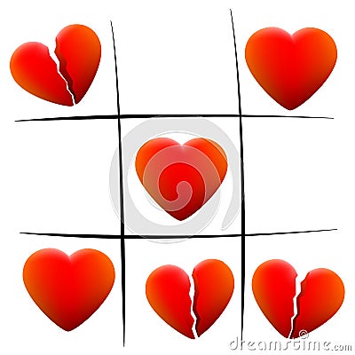 Heartbreak Love Hearts Tic Tac Toe Vector Illustration
