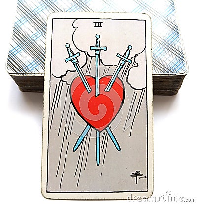 Three of Swords Tarot Card Heartbreak, Tears, Angry Words Stock Photo