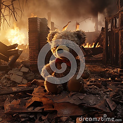 Heartbreaking Concept - sad teddy bear in ruins of house destroyed at war Stock Photo