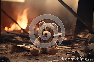 Heartbreaking Concept - sad teddy bear in ruins of house destroyed at war Stock Photo