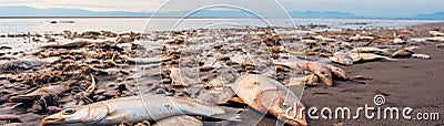 Heartbreaking Photo Of Lifeless Fish Scattered Along The Shore Panoramic Banner Stock Photo