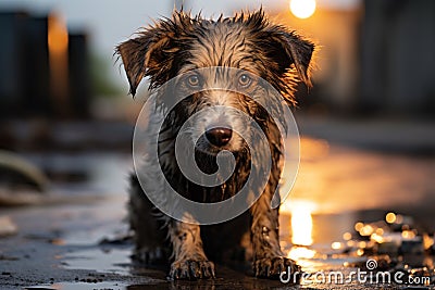 Heartbreaking scene a sad and homeless dog abandoned on streets Stock Photo