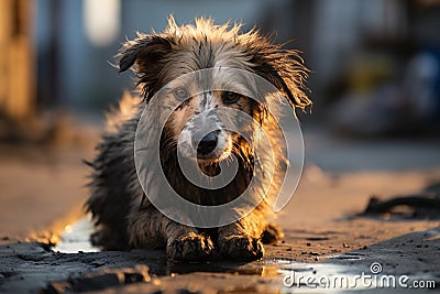 Heartbreaking scene a sad and homeless dog abandoned on streets Stock Photo