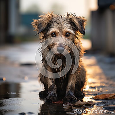 Heartbreaking scene a sad and homeless dog abandoned on streets Stock Photo