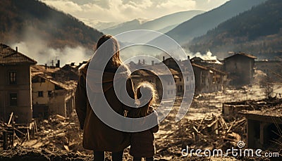 Heartbreaking scene woman and child in contemplation of the city devastated by a powerful earthquake Stock Photo