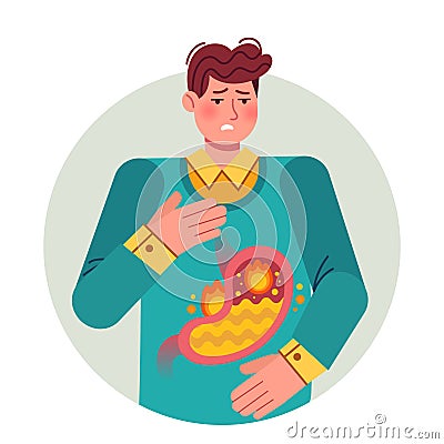 Heartburn. Gastric disease, stomach problem. Bloating abdomen gastroesophageal reflux or high acidity esophagus, flat Vector Illustration