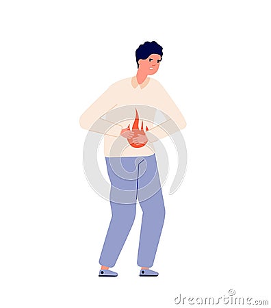 Heartburn. Person stomach problem, gastroesophageal reflux or high acidity. Gastric disease, man bloating abdomen pain Vector Illustration