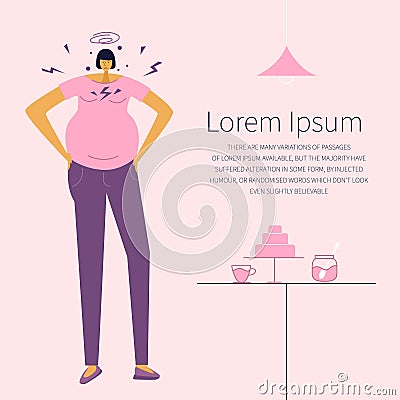 The heartburn during pregnancy. The pregnant woman has got the symptoms, discomfort, pyrosis, epigastric burning pain Vector Illustration