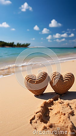 Heartfelt connection Two handwritten hearts on sandy beach, framed by tropical backdrop Stock Photo