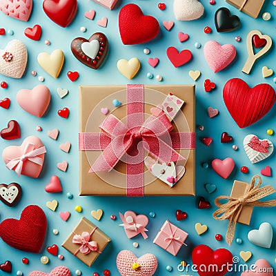 Valentines Day Background with Gift Box and Mixed Hearts, Top View in Flat Lay. Generative ai for illustrations Cartoon Illustration
