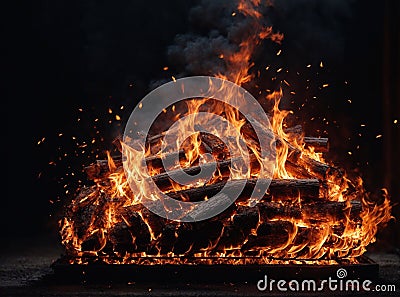 hearth with a bright flame and barely noticeable sparks on a black background Stock Photo