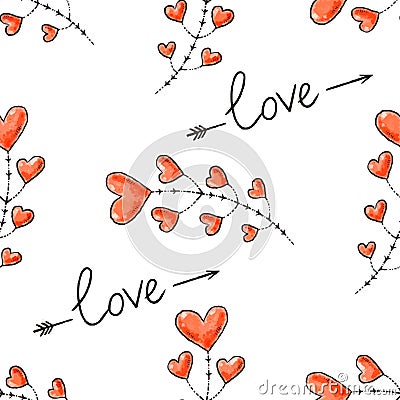 Hearts, arrows and love inscription. Seamless background for Valentine Day. Romantic vector pattern for wallpaper, wrapping, desig Stock Photo