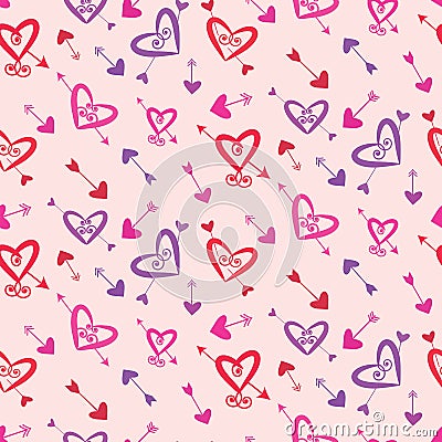 Vector red, pink and purple love hearts in swirly shapes with arrows. Vector Illustration