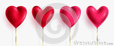 Hearts balloon element vector set. 3d heart balloons valentine collection in red and pink colors isolated in white background. Vector Illustration