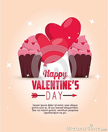 Hearts balloons with muffins to celebrate valentine Vector Illustration