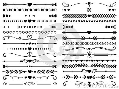 Hearts border divider. Love vintage decorative line separator, heart arrows and dotted separating lines isolated vector Vector Illustration