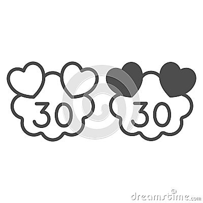 Hearts on cloud with number 30 line and solid icon, love and relationship concept, thirty years vector sign on white Vector Illustration