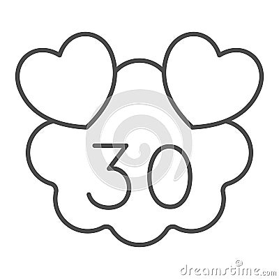 Hearts on cloud with number 30 thin line icon, love and relationship concept, thirty years vector sign on white Vector Illustration