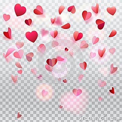 Hearts confetti rose petals flying transparent romance Vector Illustration