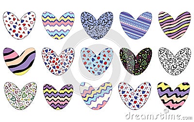 Hearts decorated in varios patterns with editable stroke isolated on white background. Vector illustration. Vector Illustration